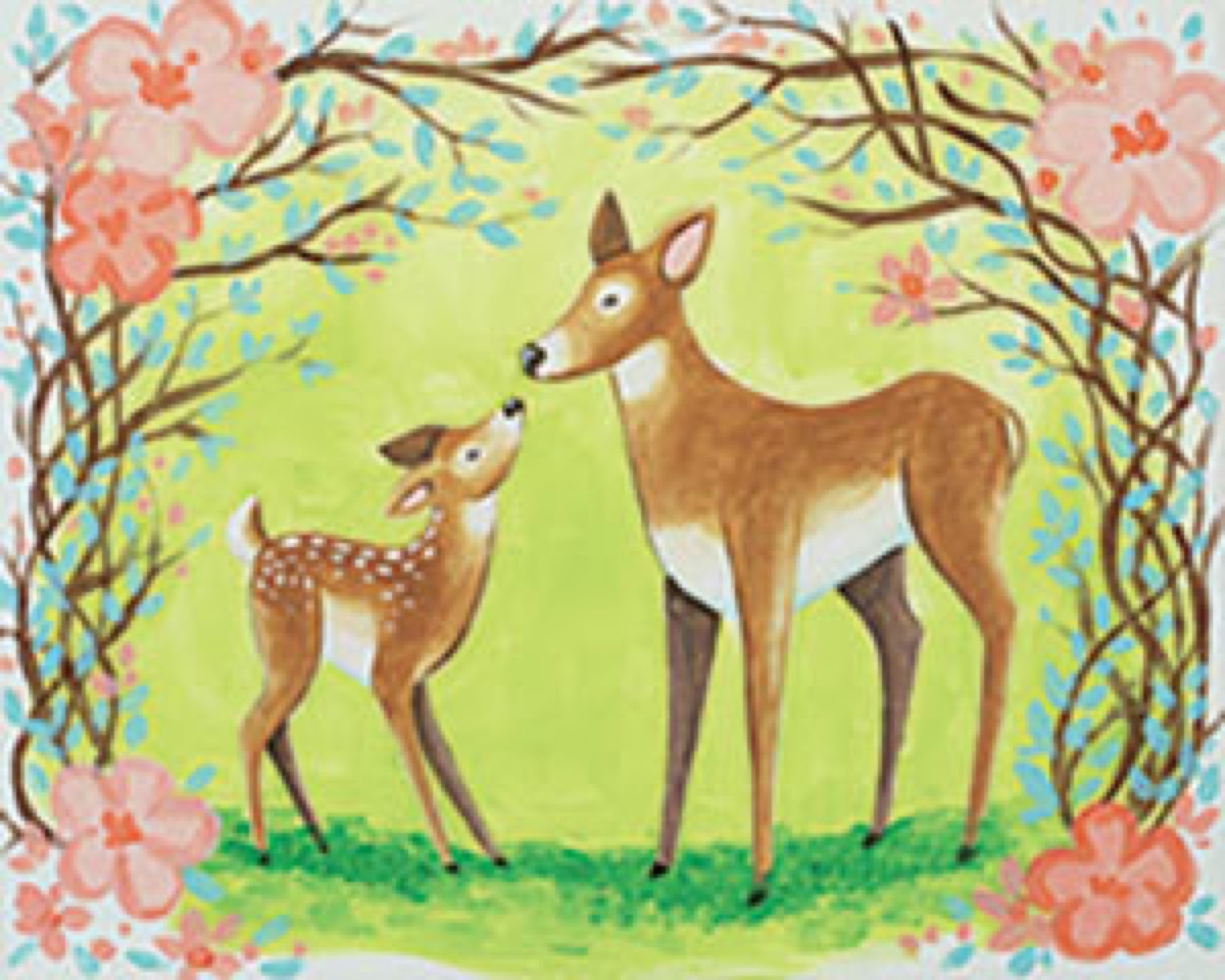Painted canvas of a doe and fawn among spring blossoms